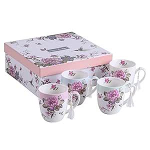 Buy Tea Coffee Cup Mug Set 4 Ceramic Porcelain Bird Rose Butterfly ...