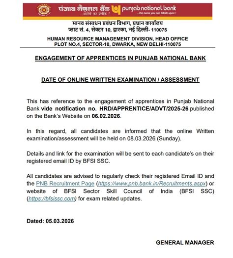 PNB Apprentice Exam Date 2026 Out, Online Exam on 8th March
