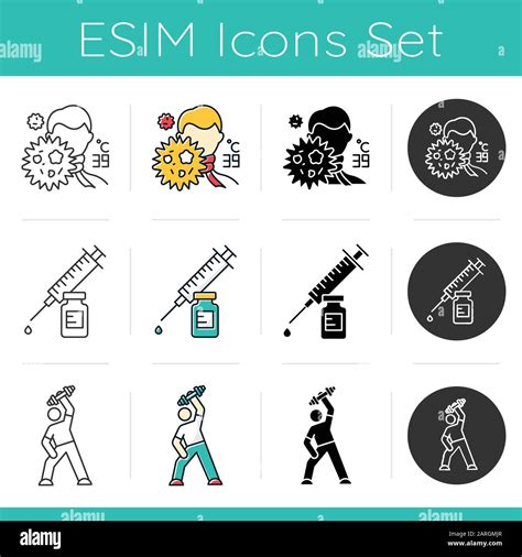 Common cold icons set. Influenza virus outbreak. Vaccination. Exercise, sport. Fit man. Workout ...