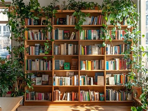 Minimalist home library with light wood shelves potted plants and large ...