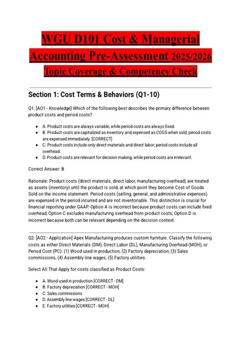 WGU D101 Cost & Managerial Accounting Pre-Assessment 2025/2026 Topic ...