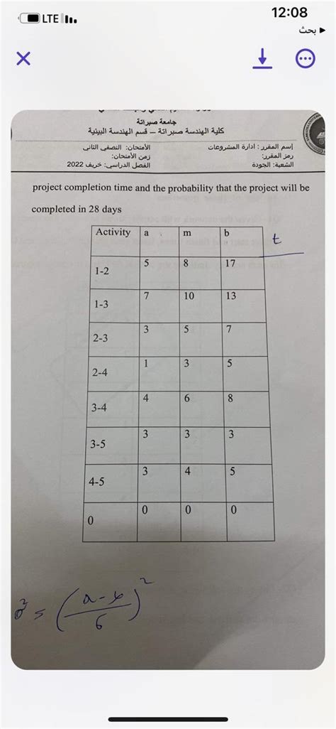 Image result for Probability of Project Completion Formula