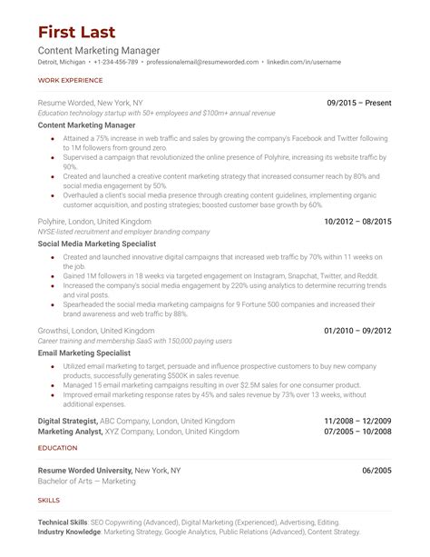Content Marketing Manager Resume Examples for 2025 | Resume Worded