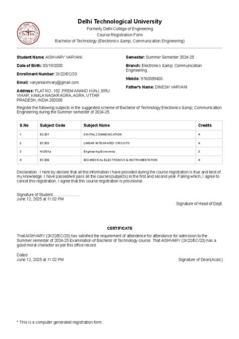 B.Tech (ECE) Summer Semester Course Registration Form - Studocu