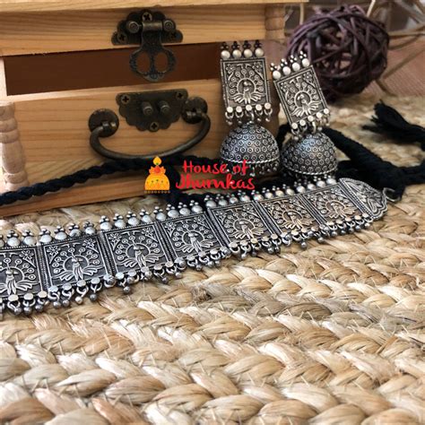 Pure silver look alike choker with jhumkas – House of Jhumkas