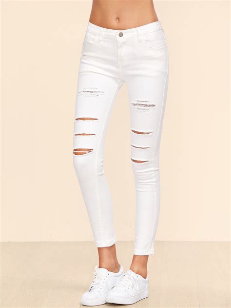 White Ripped Ankle Jeans | Pantalones de vestir mujer, Pantalones de ...