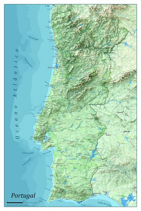 Portugal physical map, shaded relief map