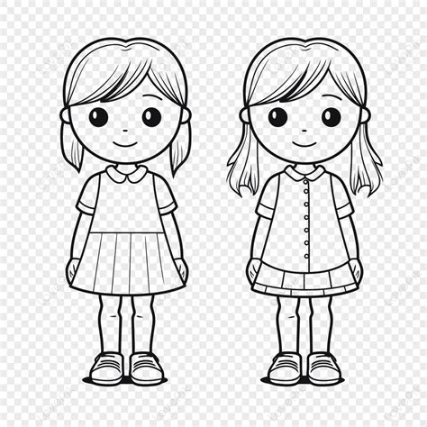 Two Girls In Outfits Coloring Page Cute Girl Drawing Outline Sketch Vector, Sketch, Page Outline ...