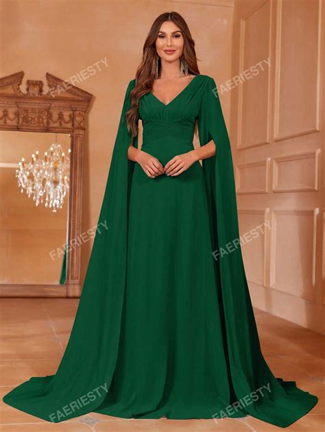 Cloak Sleeve Ruched Formal Dress Elegant Long Sleeve Prom Evening ...