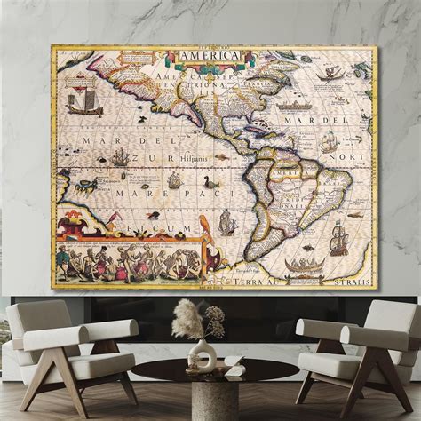 Painting Ancient Map Of America With Ship Illustrations And Historical ...
