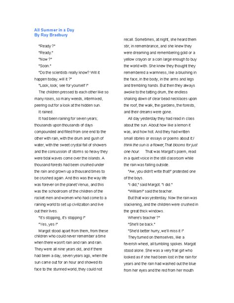 6 All Summer in a Day by Ray Bradbury - All Summer in a Day By Ray Bradbury "Ready ?" - Studocu