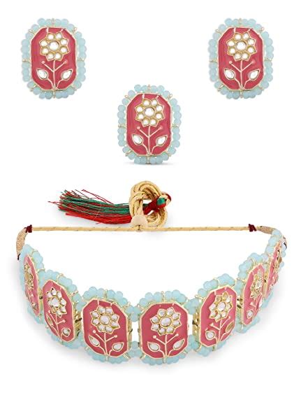Buy Zaveri Pearls Pink Meenakari Kundan Flowers Turquoise Beaded Choker ...