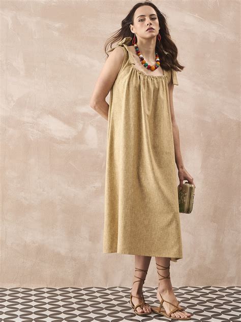 DULL KHAKI LINEN PLEAT BOW DRESS
