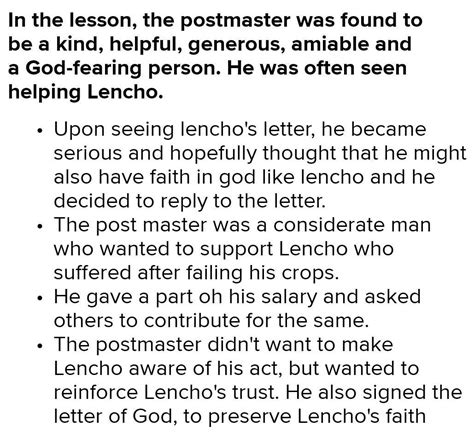 what moral values does the postmaster display in his behaviour 100-120 ...