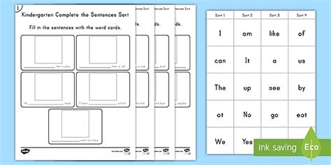 Kindergarten Complete the Sentence - Sight Word Worksheets