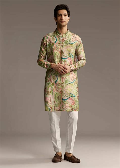 Green Silk Designer Kurta For Men With Abstract Print | KALKI Fashion India