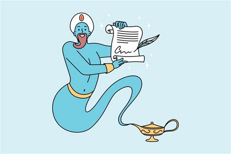 Blue genie from golden bottle holding paper granting wishes. Jinn with ...