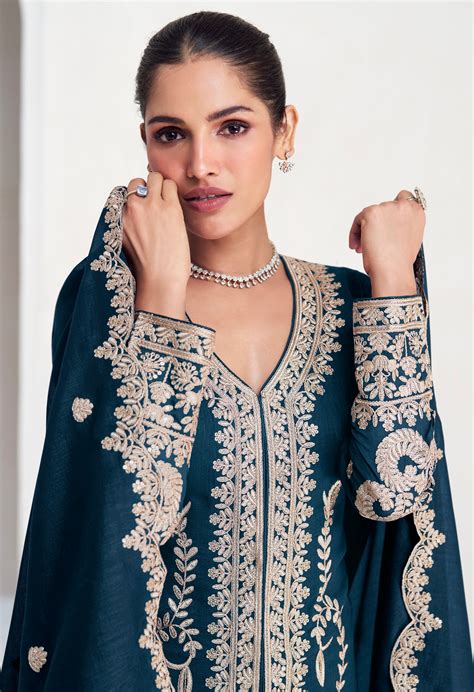 Midnight Blue Embroidered Silk Straight-Cut Suit with Dupatta – Anant ...