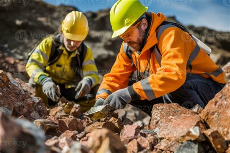 Geologists examining rock samples or using specialized equipment to ...