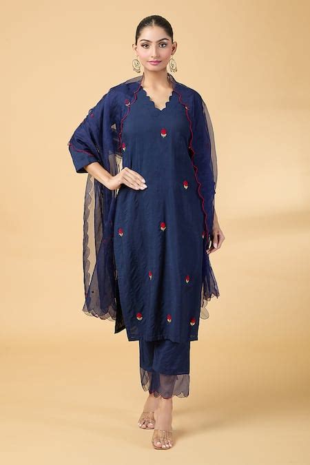 Buy Blue Chanderi, Silk Organza Embroidery V-neck Rose Thread Kurta And ...
