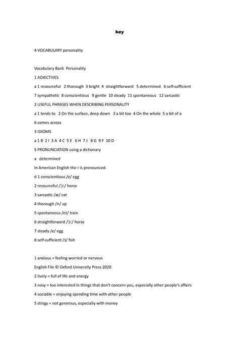 Key Tema 1 B. English File - key 4 VOCABULARY personality Vocabulary ...