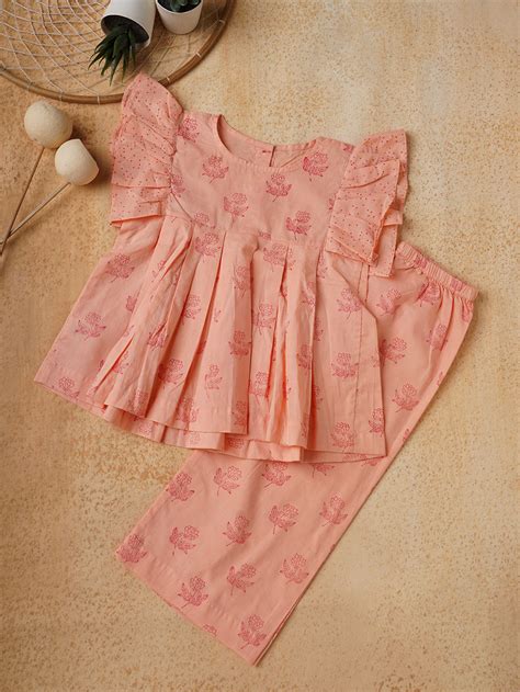 Peach Hand Block Printed Cotton Tunic with Pants- Set of 2