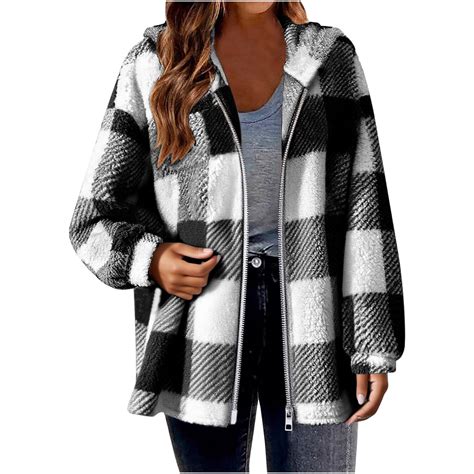Elvqul Plus Size Jackets for Women Outwear Coats Plaid Black Long ...