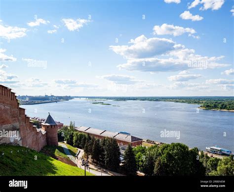 view of Volga River from Chkalov Stairs in Nizhny Novgorod city on ...