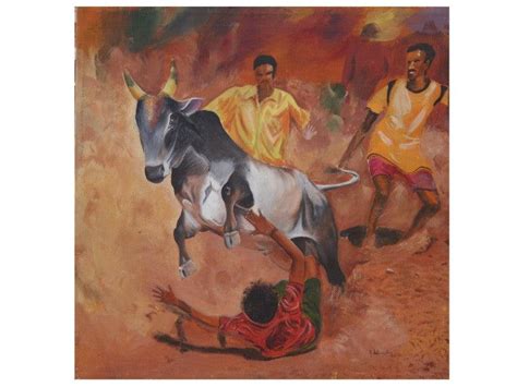 "Tamilnadu Bull Fight": Yellow Acrylic Painting by Vignesh Kumar ...