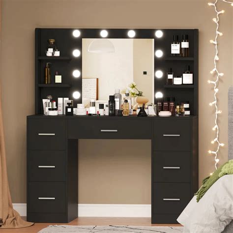 Jafrex Illuminated Vanity Table with 7 Storage Drawers Side Shelf and ...