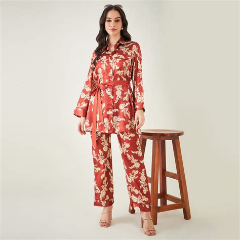 Red Baroque Print Shirt with Belt a… | First Resort by Ramola Bachchan
