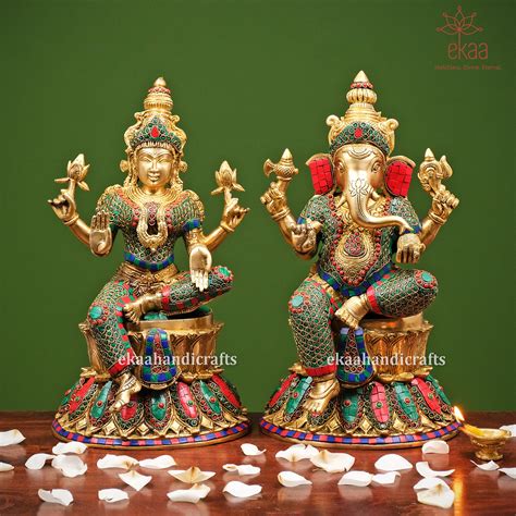 Brass Ganesh Lakshmi Saraswati Statue in Stonework – Ekaa Handicrafts