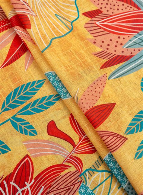 Linen Golden Yellow Color Floral Digital print fabric. – Fabritale