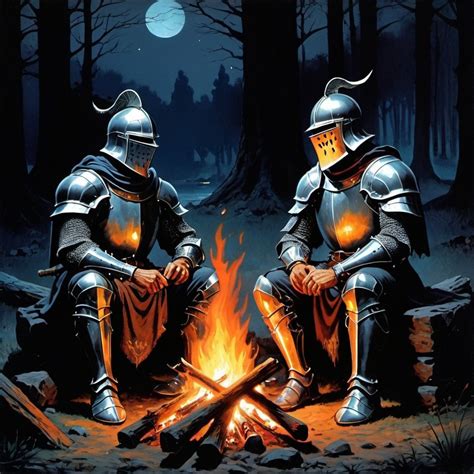 70s dark fantasy art of 2 knight sitting by the camp...