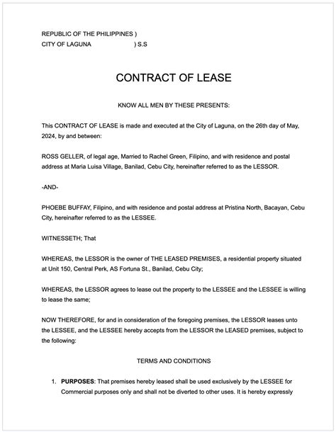 Contract of Lease Sample and Template in the Philippines