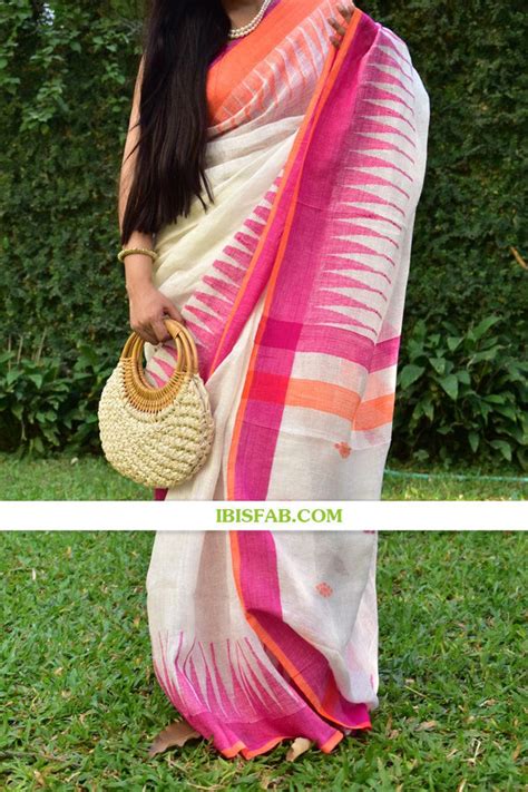 Pure linen saree in white, awesome festive wear – Ibis Fab