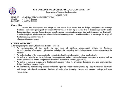 Dbms lesson plan new - Good - SNS COLLEGE OF ENGINEERING, COIMBATORE ...