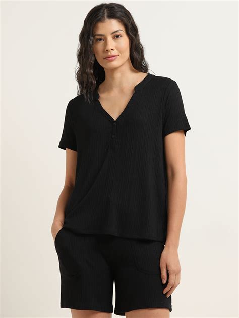 Buy Wunderlove Black Ribbed Textured Top from Westside