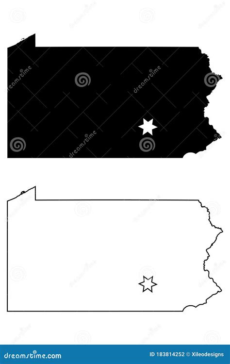 Pennsylvania PA State Map USA with Capital City Star at Harrisburg. Black Silhouette and Outline ...