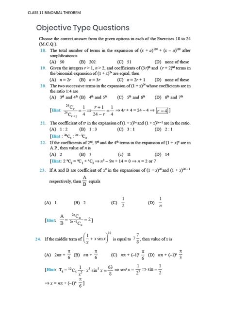 Class 11 Binomial Theorem Extra Questions - BEd Mathematics - CLASS 11 ...
