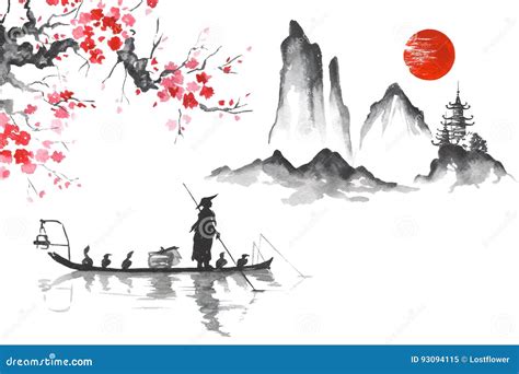 Japan Traditional Japanese Painting Sumi-e Art Man with Boat Stock Illustration - Illustration ...