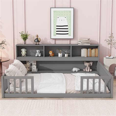 Full Floor Bed with Side Bookcase,Shelves,Guardrails,Grey - Walmart.com