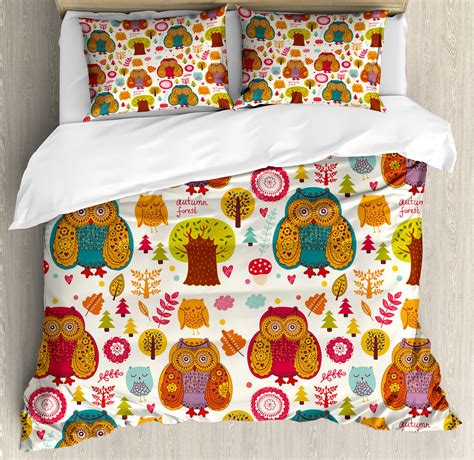 Ambesonne Fall Duvet Cover Set, Colorful Owl Woodland Animals, Calking ...