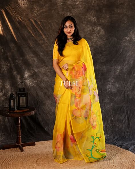 Buy Yellow Kora Organza Printed Saree T700811