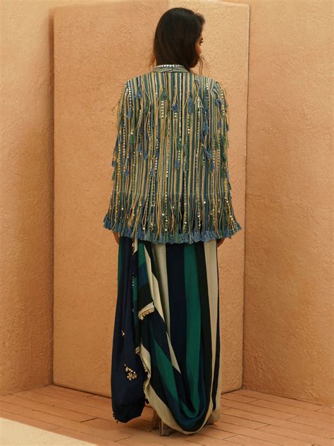NIA FRINGES CAPE JACKET WITH PRINTED DRAPE SKIRT AND BUSTIER – SVA Couture