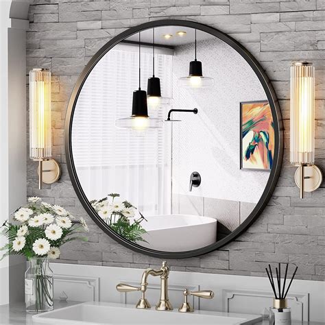 Scifil 24 Inch Black Round Glass Bathroom Mirror, Modern Vanity Mirror ...