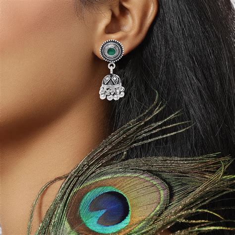 Silver Green Stone Studded Oxidised Jhumka Earrings
