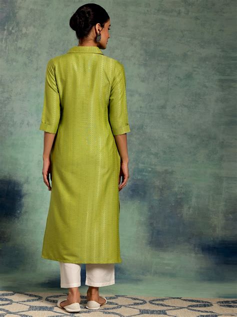 Buy Green Woven Design Cotton Straight Kurta Online at Rs.1599 | Libas