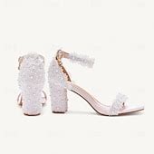 Women's White Lace Block Heel Sandals with Pearl and Floral Details ...