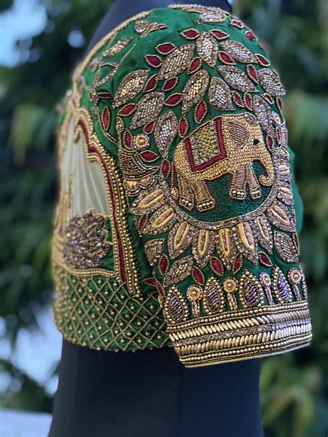 Green Stone Leaves and Elephant Bridal Blouse – Aadambharaa